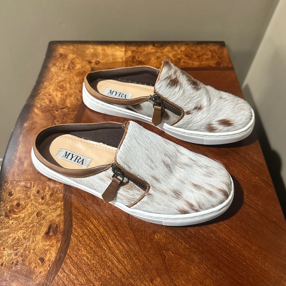 Myra Bag White and Brown Haircalf Slip-On Sneakers